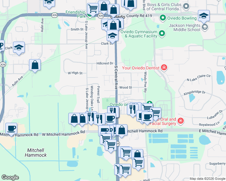 map of restaurants, bars, coffee shops, grocery stores, and more near 30 Sandalwood Court in Oviedo