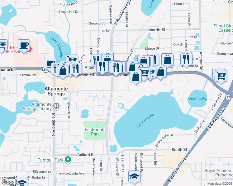 map of restaurants, bars, coffee shops, grocery stores, and more near 1038 Orienta Avenue in Altamonte Springs