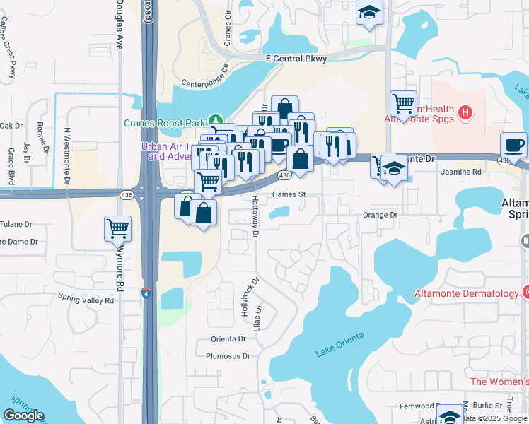 map of restaurants, bars, coffee shops, grocery stores, and more near 6 Escondido Circle in Altamonte Springs