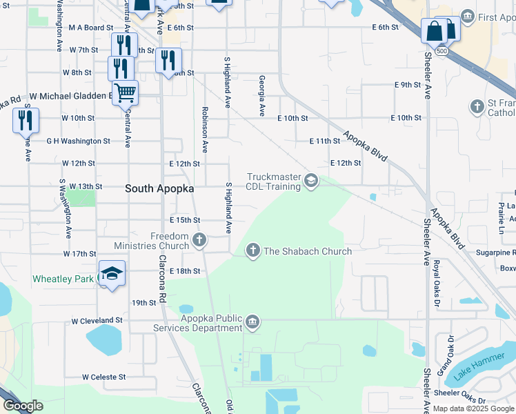 map of restaurants, bars, coffee shops, grocery stores, and more near 325 East 15th Street in Apopka