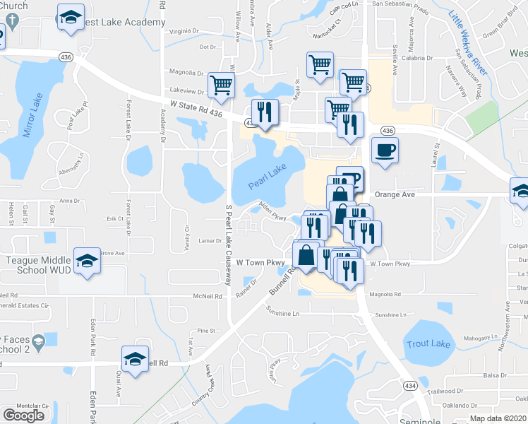 map of restaurants, bars, coffee shops, grocery stores, and more near 208 Afton Square in Altamonte Springs