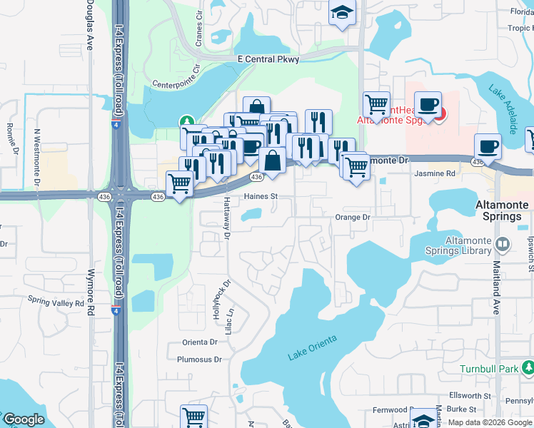 map of restaurants, bars, coffee shops, grocery stores, and more near 8 Escondido Circle in Altamonte Springs