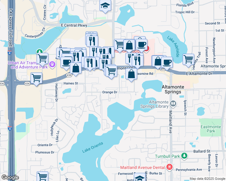 map of restaurants, bars, coffee shops, grocery stores, and more near 464 Windmill Palm Circle in Altamonte Springs