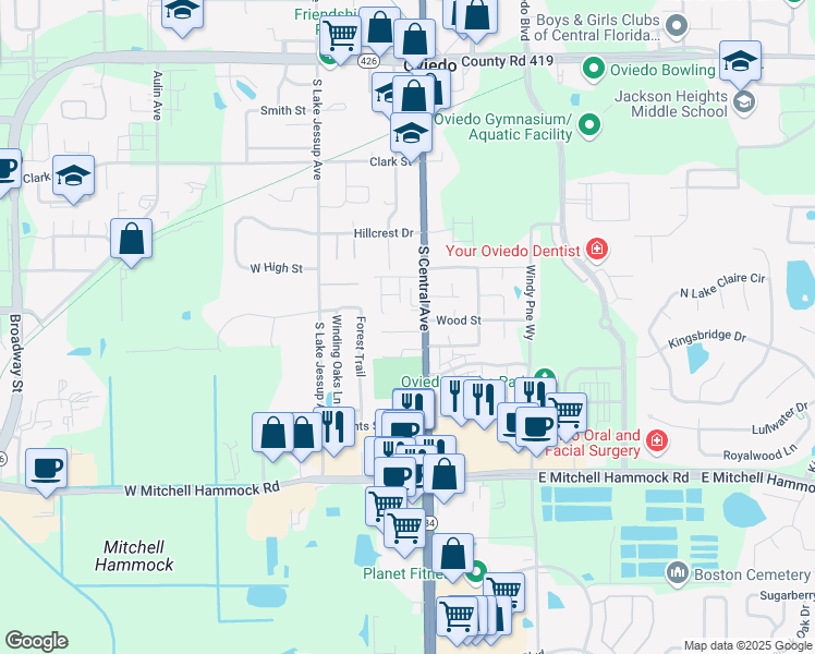 map of restaurants, bars, coffee shops, grocery stores, and more near 9 Sandalwood Court in Oviedo