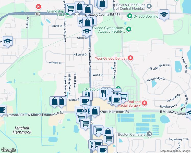 map of restaurants, bars, coffee shops, grocery stores, and more near 8 Wood Street in Oviedo