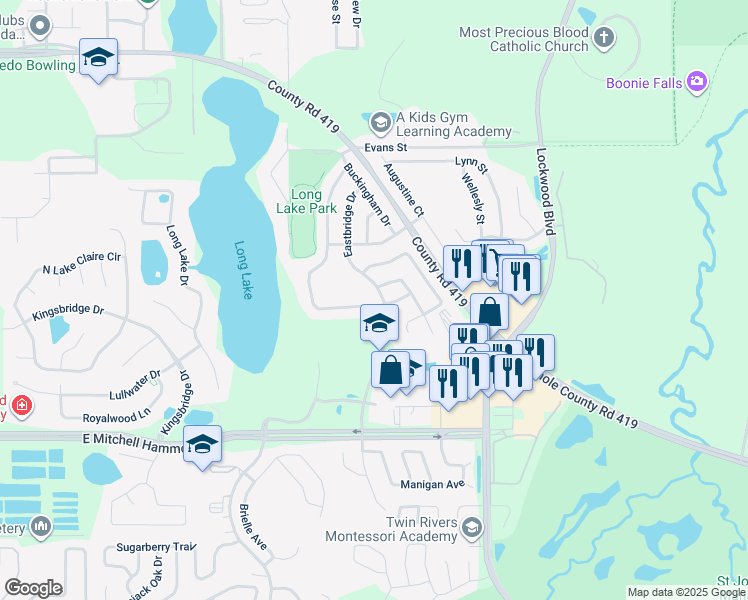 map of restaurants, bars, coffee shops, grocery stores, and more near 493 Lakepark Trail in Oviedo