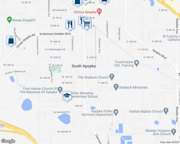 map of restaurants, bars, coffee shops, grocery stores, and more near 149 East 15th Street in Apopka