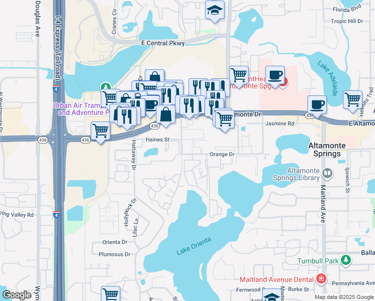 map of restaurants, bars, coffee shops, grocery stores, and more near 112 Essex Avenue in Altamonte Springs