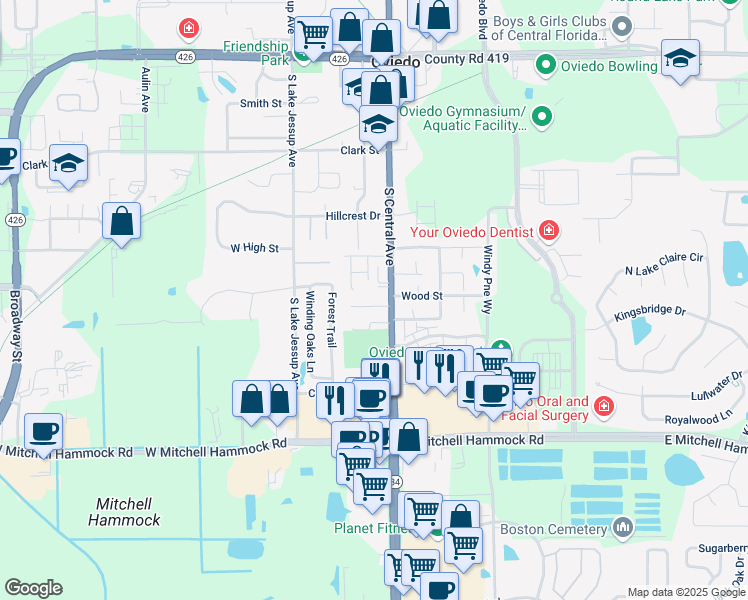 map of restaurants, bars, coffee shops, grocery stores, and more near 32 Sandalwood Court in Oviedo