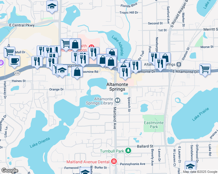 map of restaurants, bars, coffee shops, grocery stores, and more near 200 Maitland Avenue in Altamonte Springs