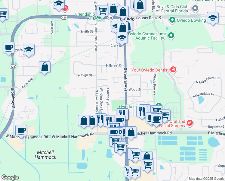 map of restaurants, bars, coffee shops, grocery stores, and more near 34 Sandalwood Court in Oviedo