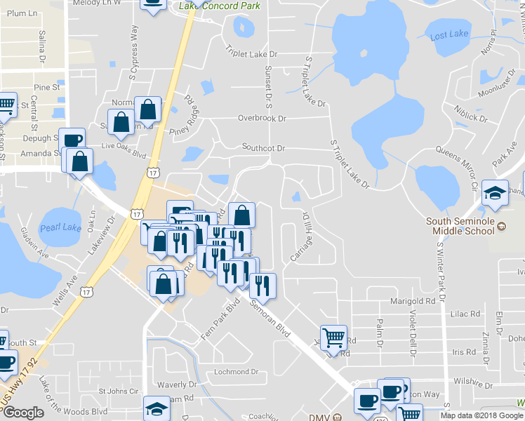 map of restaurants, bars, coffee shops, grocery stores, and more near 670 Kenwick Circle in Casselberry