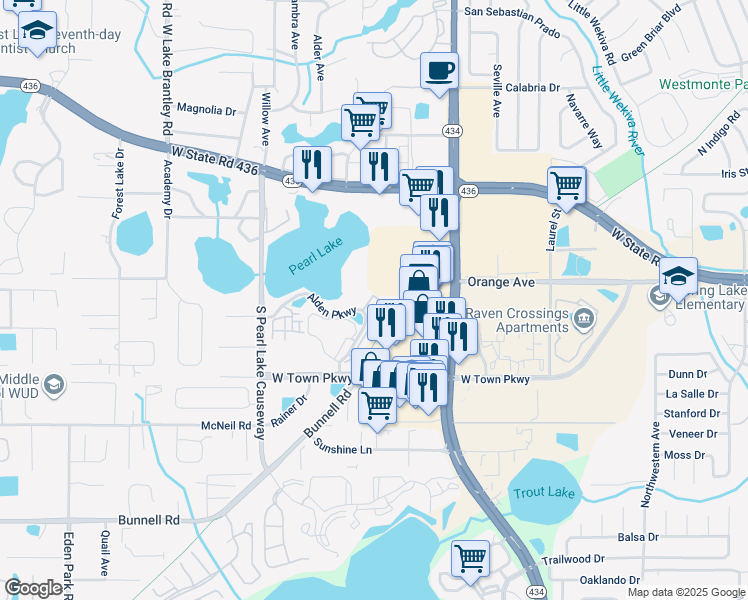 map of restaurants, bars, coffee shops, grocery stores, and more near 180 Sterling Springs Lane in Altamonte Springs
