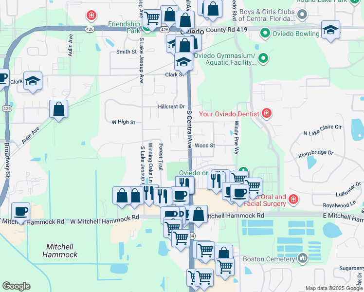 map of restaurants, bars, coffee shops, grocery stores, and more near 15 Sandalwood Court in Oviedo