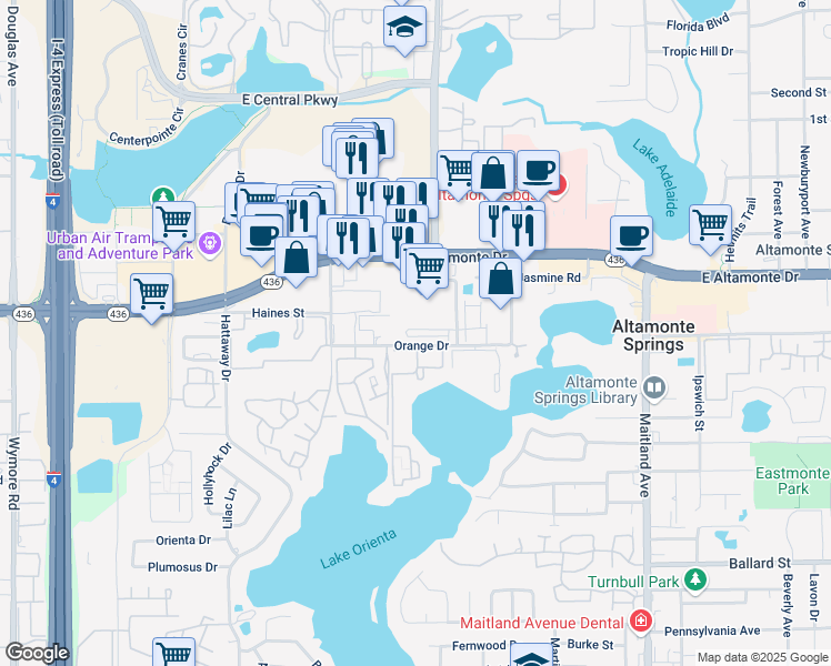 map of restaurants, bars, coffee shops, grocery stores, and more near 438 Windmill Palm Circle in Altamonte Springs