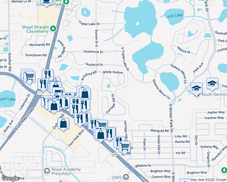 map of restaurants, bars, coffee shops, grocery stores, and more near 32 Bayberry Branch in Casselberry