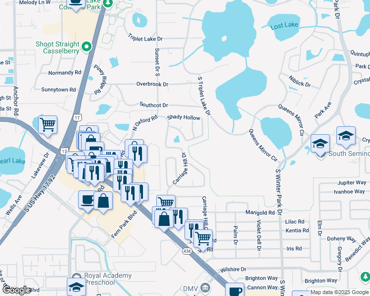 map of restaurants, bars, coffee shops, grocery stores, and more near 32 Bayberry Branch in Casselberry