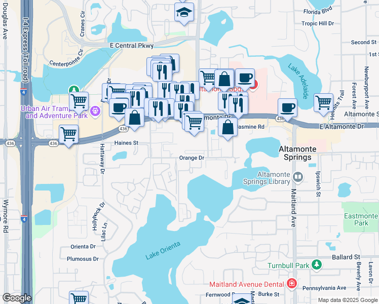 map of restaurants, bars, coffee shops, grocery stores, and more near 438 Windmill Palm Circle in Altamonte Springs