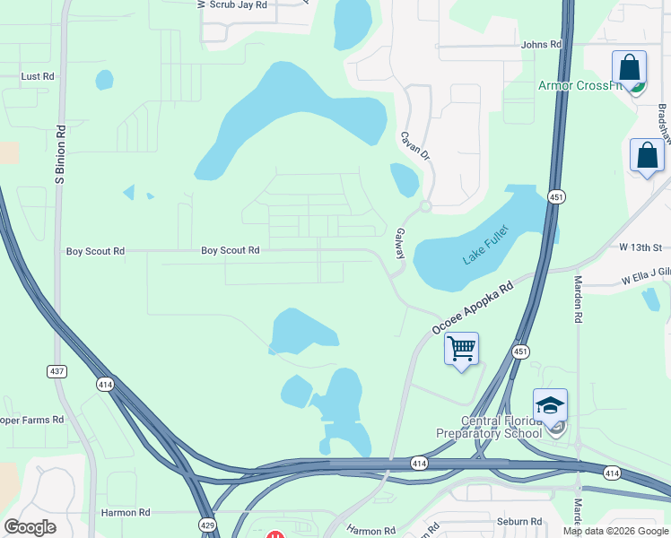 map of restaurants, bars, coffee shops, grocery stores, and more near 1928 Boy Scout Road in Apopka