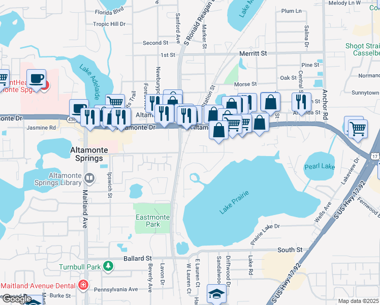 map of restaurants, bars, coffee shops, grocery stores, and more near 1040 Orienta Avenue in Altamonte Springs