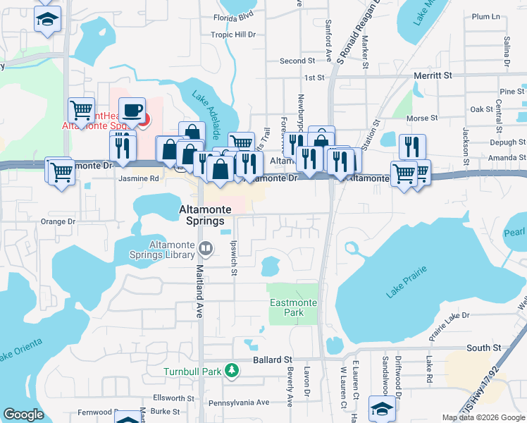 map of restaurants, bars, coffee shops, grocery stores, and more near 850 East Altamonte Drive in Altamonte Springs