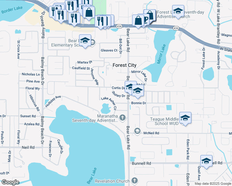map of restaurants, bars, coffee shops, grocery stores, and more near 3511 Curtis Drive in Apopka