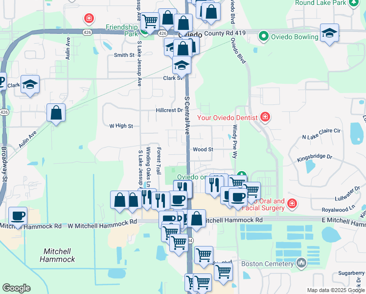 map of restaurants, bars, coffee shops, grocery stores, and more near 609 South Central Avenue in Oviedo