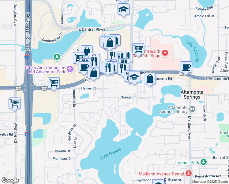 map of restaurants, bars, coffee shops, grocery stores, and more near 36 Village Green in Altamonte Springs