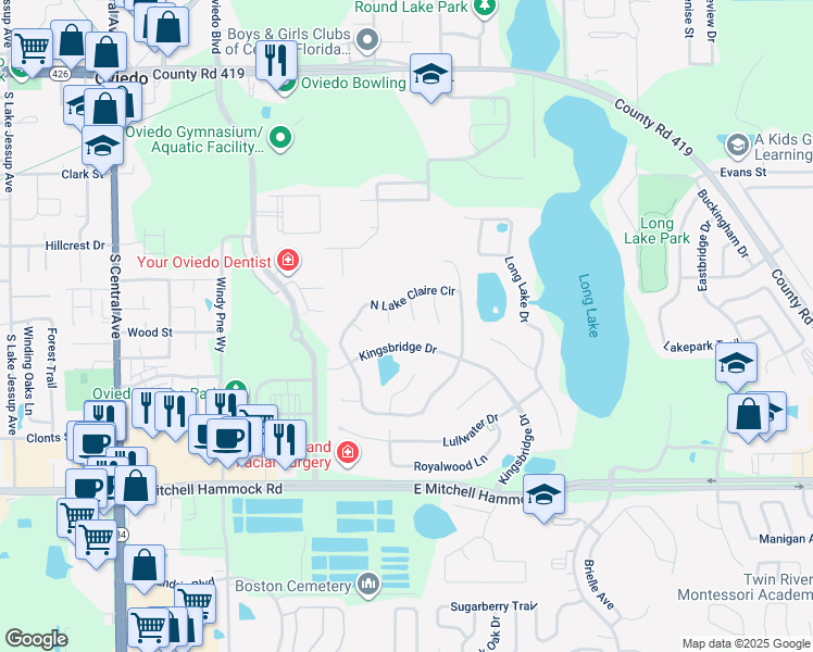 map of restaurants, bars, coffee shops, grocery stores, and more near 644 Lance Court in Oviedo