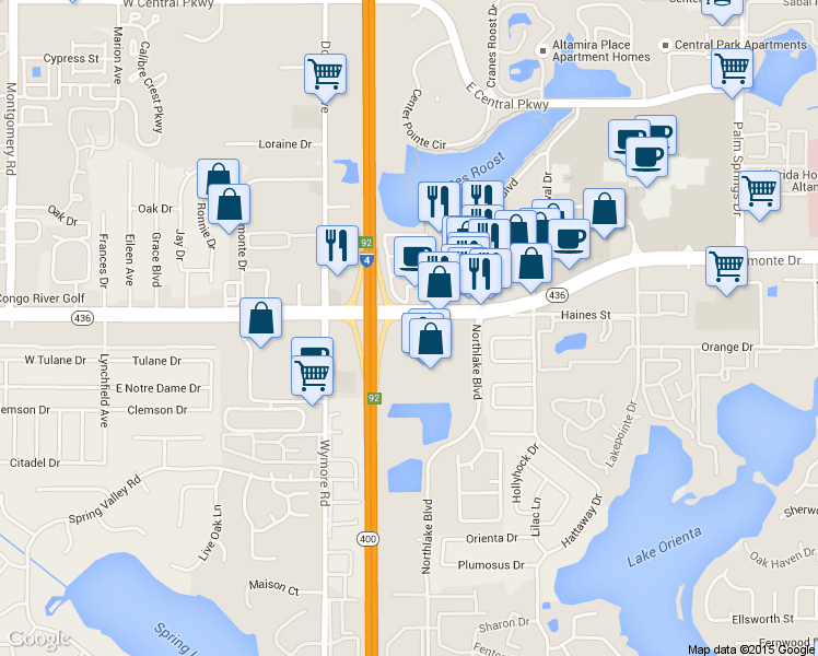 map of restaurants, bars, coffee shops, grocery stores, and more near 102 East Altamonte Drive in Altamonte Springs