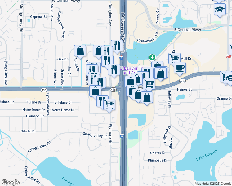map of restaurants, bars, coffee shops, grocery stores, and more near 439 West State Road 436 in Altamonte Springs