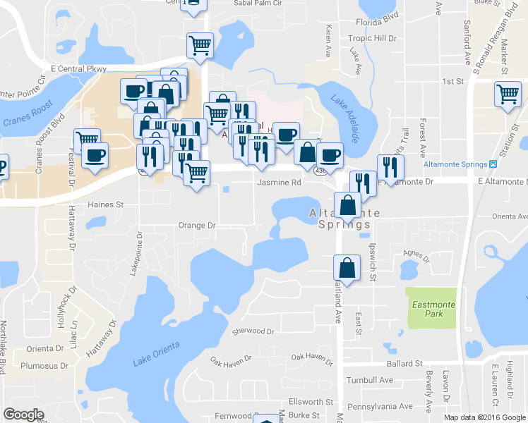 map of restaurants, bars, coffee shops, grocery stores, and more near 217 Boston Avenue in Altamonte Springs