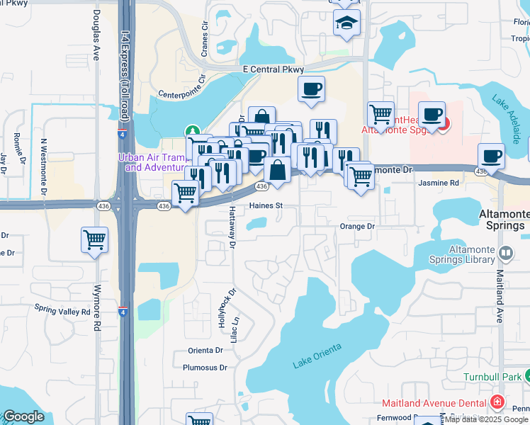 map of restaurants, bars, coffee shops, grocery stores, and more near 350 East Altamonte Drive in Altamonte Springs
