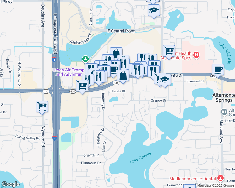 map of restaurants, bars, coffee shops, grocery stores, and more near 350 East Altamonte Drive in Altamonte Springs