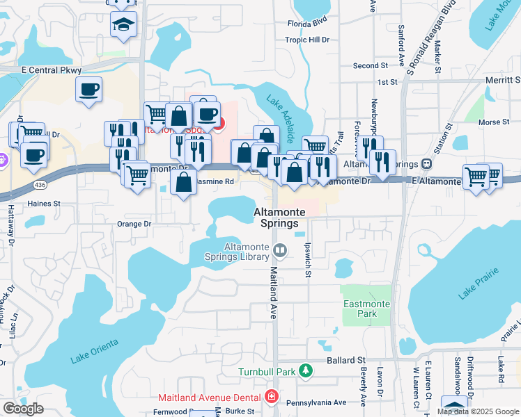 map of restaurants, bars, coffee shops, grocery stores, and more near 676 Lake Villas Drive in Altamonte Springs