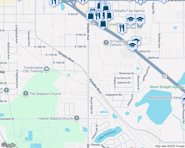 map of restaurants, bars, coffee shops, grocery stores, and more near 1169 Whispering Winds Court in Apopka
