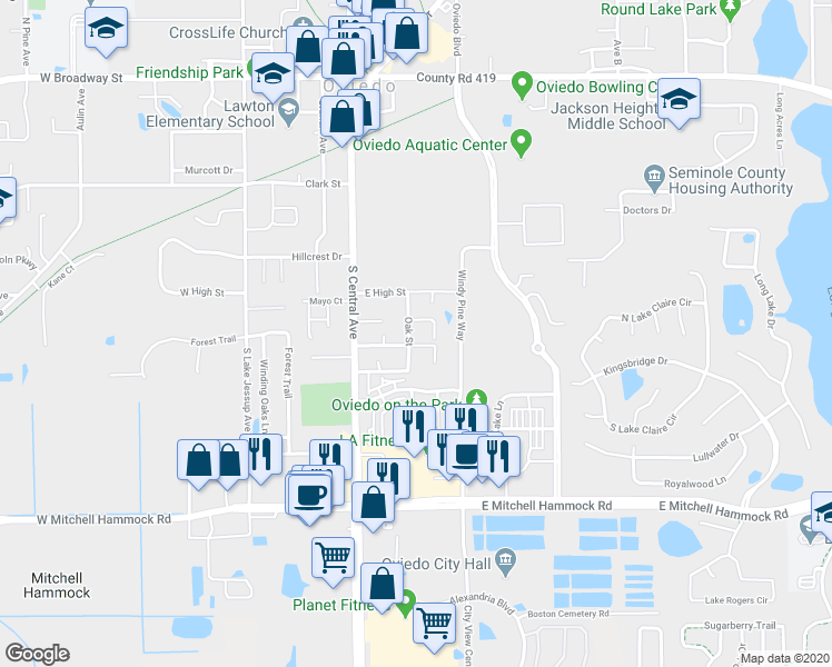 map of restaurants, bars, coffee shops, grocery stores, and more near 578 Oak Street in Oviedo