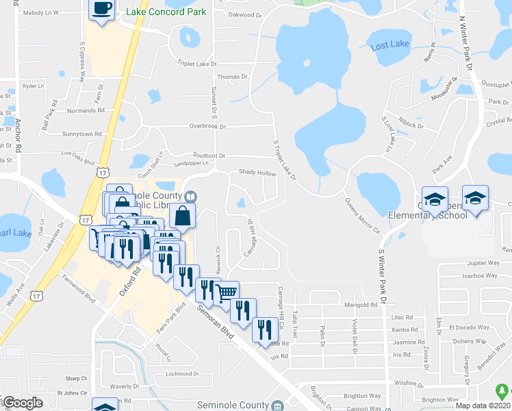 map of restaurants, bars, coffee shops, grocery stores, and more near 209 Shady Hollow in Casselberry