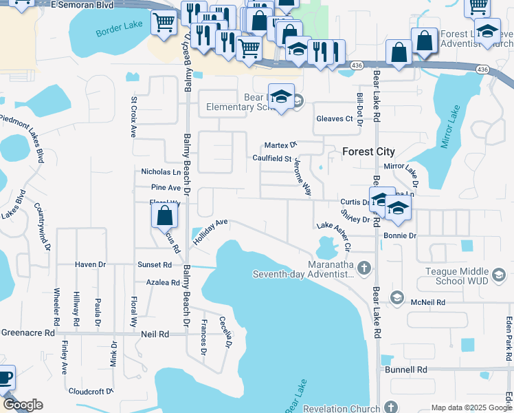 map of restaurants, bars, coffee shops, grocery stores, and more near 3200 Curtis Drive in Apopka