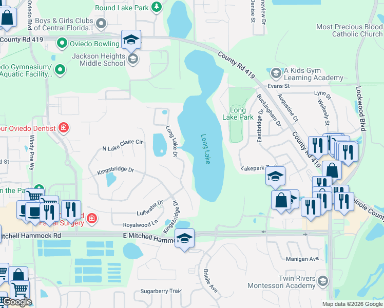 map of restaurants, bars, coffee shops, grocery stores, and more near 664 Long Lake Drive in Oviedo