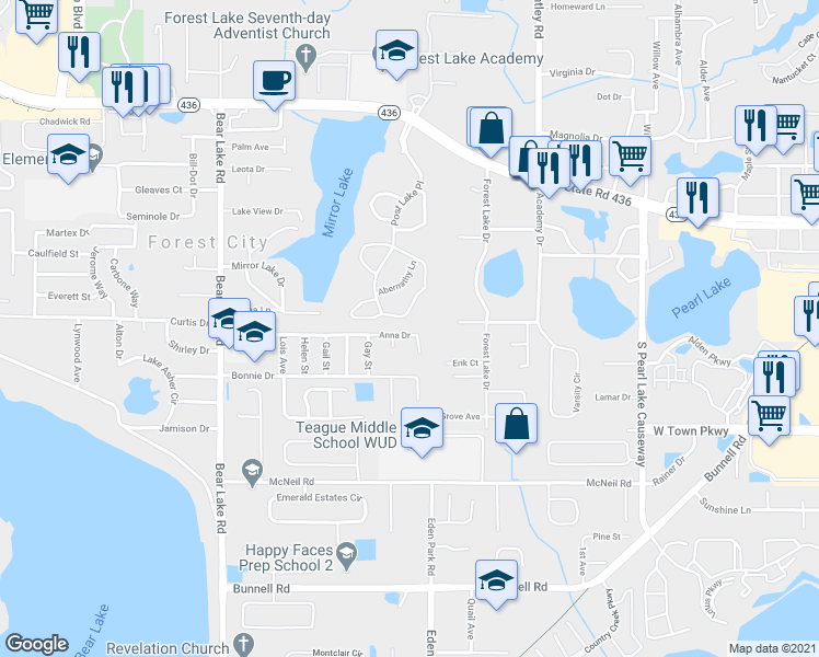 map of restaurants, bars, coffee shops, grocery stores, and more near 4013 Anna Drive in Apopka