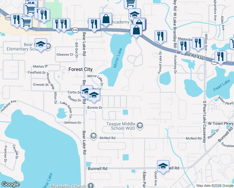 map of restaurants, bars, coffee shops, grocery stores, and more near 3807 Anna Drive in Apopka