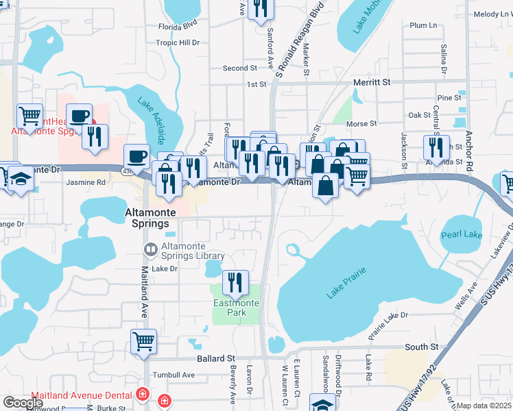 map of restaurants, bars, coffee shops, grocery stores, and more near 989 Orienta Avenue in Altamonte Springs