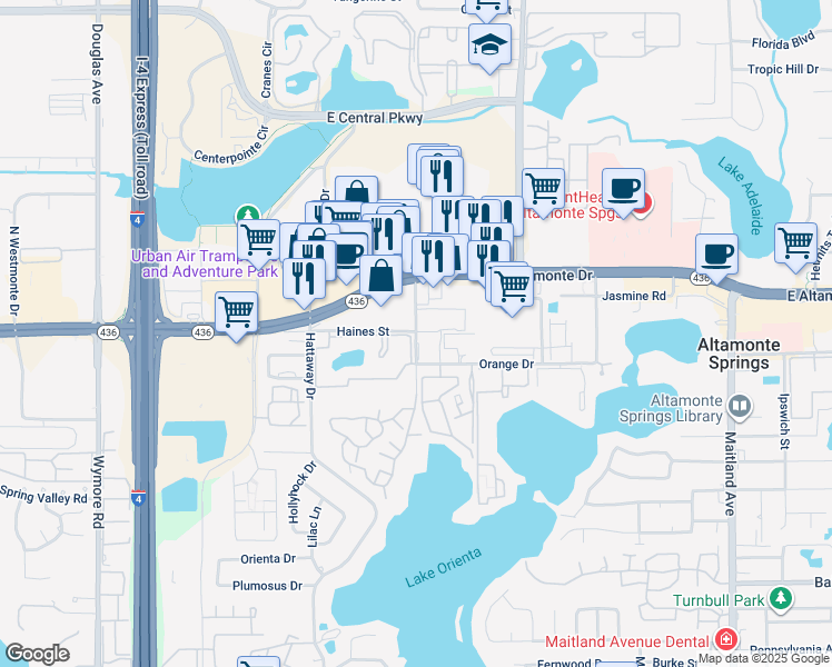 map of restaurants, bars, coffee shops, grocery stores, and more near 16 Village Green in Altamonte Springs