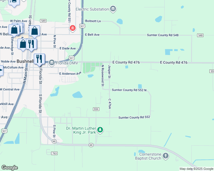 map of restaurants, bars, coffee shops, grocery stores, and more near 109 North Rosewood Street in Bushnell