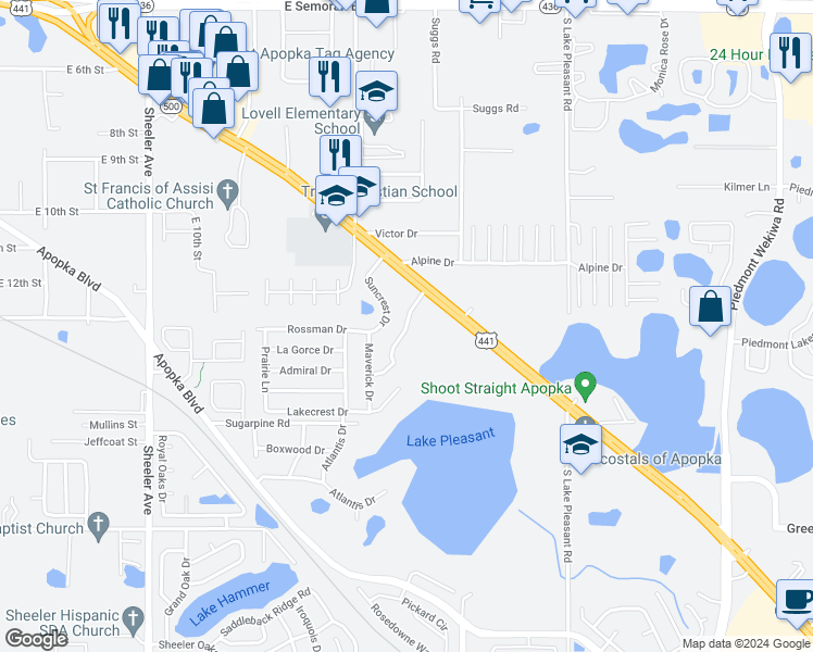 map of restaurants, bars, coffee shops, grocery stores, and more near Northcrest Drive in Apopka