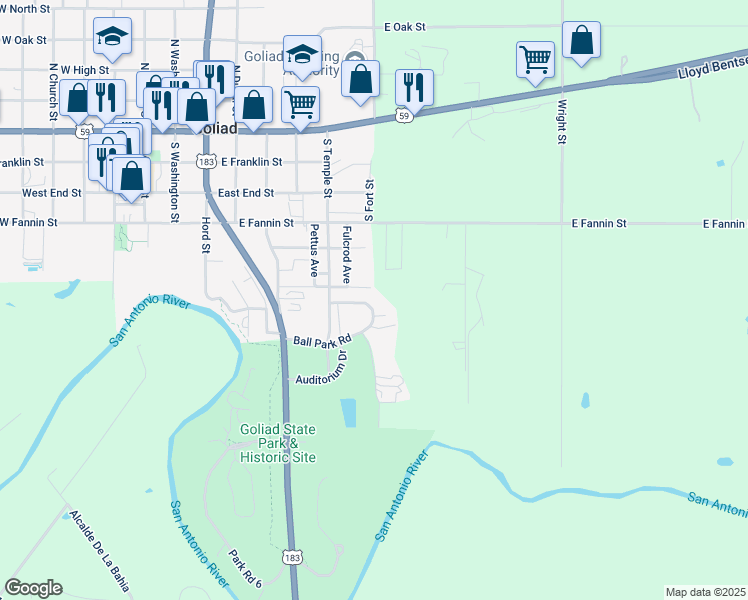 map of restaurants, bars, coffee shops, grocery stores, and more near 85 Gabriel Street in Goliad