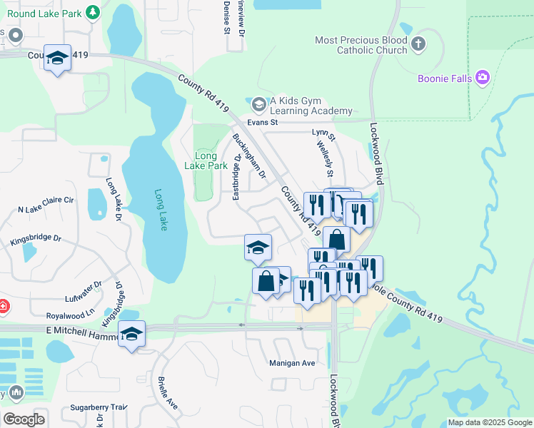 map of restaurants, bars, coffee shops, grocery stores, and more near 517 Hampshire Lane in Oviedo