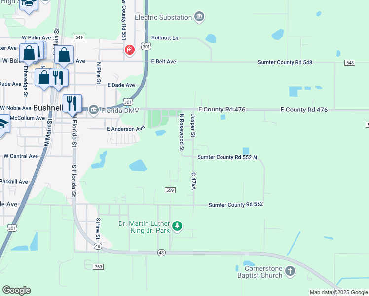 map of restaurants, bars, coffee shops, grocery stores, and more near 109 North Rosewood Street in Bushnell