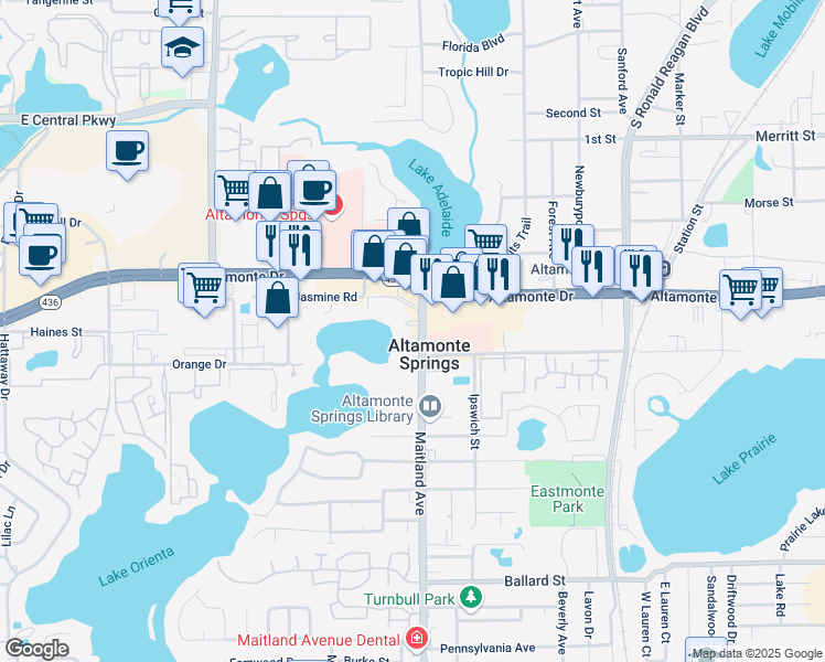 map of restaurants, bars, coffee shops, grocery stores, and more near 710 East Altamonte Drive in Altamonte Springs